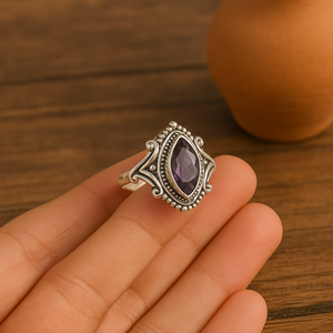 Bague pour femme en argent sterling 925 avec améthyste violette naturelle taille marquise, sertie à la main, style vintage, or rose - Product Image 6