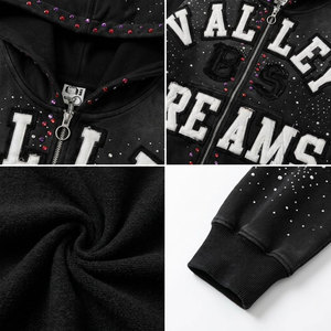 เสื้อฮู้ดดี้ Valley Dreams ประดับเพชรเทียม แบบซิป ยูนิเซ็กส์ ทรงโอเวอร์ไซส์ สไตล์สตรีทแวร์ สีดำ โลโก้ด้านหน้า เหมาะสำหรับใส่ในฤดูใบไม้ร่วง - Product Image 6