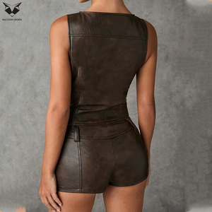 Ensemble deux pièces en cuir PU vintage sans manches, durable, léger, personnalisé, nouvelle arrivée, pour femmes, tenue de club, prix de gros - Product Image 4