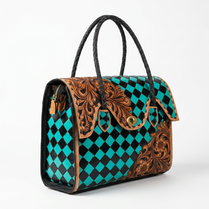 Vintage Genuine <b>Leather</b> Tote Bag With Floral <b>Tooled</b> Paneled Designer Black Teal Checkered Pattern Hasp Closure Women's Daily Use - Product Image 4