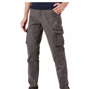 <b>Men's</b> <b>Grey</b> Acid Wash Denim <b>Cargo</b> Jeans Casual Straight Leg Pants With Side Pockets - Product Image 6