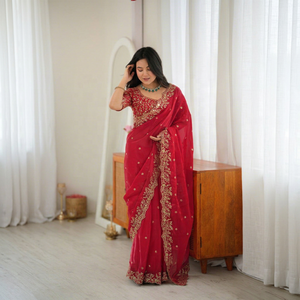 <b>Red</b> Fendy Silk <b>Saree</b> With Embroidery Work Traditional Indian Wedding Wear For Women Regular Fit From Samp Corporation - Product Image 1