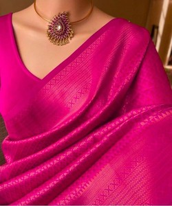 Sari de Seda Rosa, Traje Tradicional Indio para Bodas, Estilo Banarasi, Sari Drapeado con Borde Decorado para Mujeres Adultas - Product Image 1
