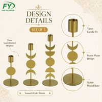 Ensemble de 3 bougeoirs en métal doré pour Ramadan, motif phases de lune, pour centre de table de l'Aïd, vente en gros
