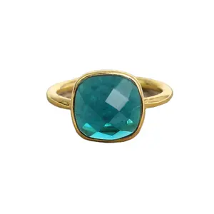 2024 Top Selling 12mm Green Dyed Teal Hydro Quartz Gemstone 18k Gold Plated Sterling Silver Cushion Dainty Ring For Women Jewels