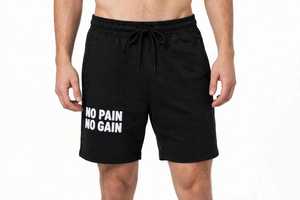 Shorts mi-taille noirs sportifs pour hommes en polyester/coton, taille élastique avec cordon de serrage, imprimé 'No Pain No Gain', décontractés pour l'été et la plage - Product Image 4