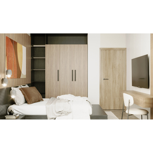 ชุดเฟอร์นิเจอร์ห้องนอนโรงแรมสไตล์โมเดิร์น แข็งแรง ทนทาน เรียบง่าย ยี่ห้อ Berfa ประกอบด้วยตู้เสื้อผ้าไม้ เตียงนอน และชุดวางทีวี ออกแบบตกแต่งภายในสำหรับอพาร์ทเมนต์และโรงแรม - Product Image 3