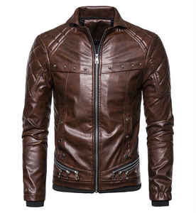 <b>Men</b> <b>Brown</b> PU <b>Leather</b> Moto <b>Jacket</b> With Fur Collar Zipper Closure Winter Outerwear Slim Fit - Product Image 2