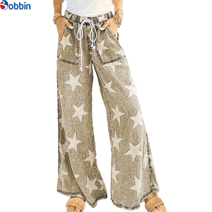 Jeans pour femmes style streetwear, imprimé étoiles, délavage clair, taille haute avec cordon de serrage, coupe large, couleur personnalisée, vintage, baggy - Product Image 6