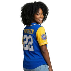 Maillot de baseball bleu et jaune pour femme, à manches courtes, boutonné sur le devant, avec motif graphique de lettres grecques brodé, décontracté, pour sports d'équipe - Product Image 2