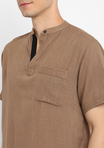 Ensemble T-shirt et short pour homme, couleur marron unie, manches courtes, col Henry, vêtements décontractés d'été, coton tissé respirant - Product Image 4