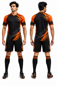 Maillot de football personnalisé sublimé noir et orange pour homme, col en V, manches courtes, en mesh respirant, toutes saisons - Product Image 5
