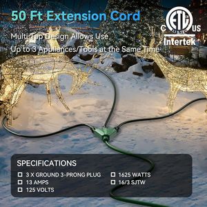 Cavo di prolunga certificato UL da 15 m con 3 prese, 13A 125V 1625W, SJTW a 3 fili con messa a terra per uso interno/esterno, colore verde - Product Image 2