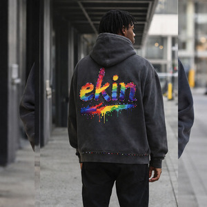 Ekin Custom Grey 100% Cotton <b>Fleece</b> Embroidered Oversize Boxy Acid Washed Rhinestone Dtg Print Hoodie - Product Image 4