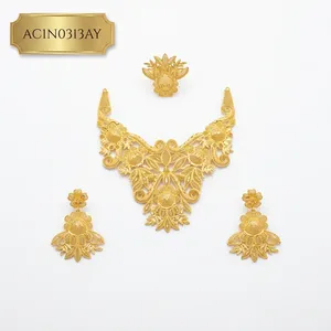 Nigerian Wedding Classic Flower Charm <b>Necklace</b> Jewelry Set with Box Chain Gold Plated Brass <b>Necklace</b> Earrings & <b>Ring</b> - Product Image 3
