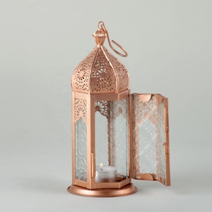 Wholesale Rose <b>Gold</b> Moroccan Metal Candle Holder <b>Lantern</b> with Floral Glass for Home Tabletop Decorations - Product Image 1