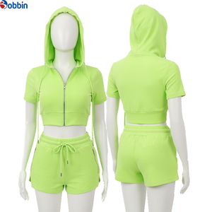 Conjunto Deportivo de Top Corto con Capucha y Pantalones Cortos para Mujer, Color Verde Lima, de Manga Corta con Cierre, para Primavera/Verano, Superventas - Product Image 3