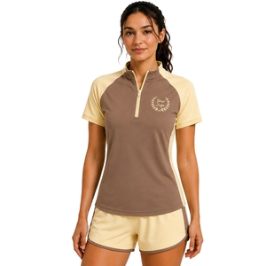 Conjunto deportivo de camiseta y pantalones cortos para mujer, color marrón beige, con media cremallera, de secado rápido, manga corta, para gimnasio, fitness, correr y entrenamiento. - Product Image 1