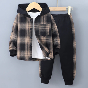 Conjunto deportivo de dos piezas para hombre y niño, otoño-invierno, informal, 100% algodón, manga larga, a cuadros, con logo en contraste en la parte delantera y capucha. - Product Image 2