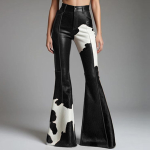 High Waisted <b>Flare</b> Pants <b>Cow</b> <b>Print</b> Spliced Leather Look Casual Autumn Style Button Fly Midweight Woven Fabric - Product Image 4