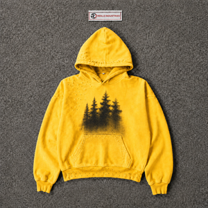 Sudadera con Capucha Amarilla Extra Grande Personalizada con Gráfico de Árbol del Bosque Negro, Sudadera Vintage Desgastada Estilo Streetwear para Hombre y Mujer - Product Image 5