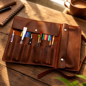 Estuche enrollable de cuero duradero para artistas, organizador de viaje para acuarelas con múltiples ranuras, fabricante OEM personalizado en venta - Product Image 6