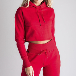 Women <b>Red</b> Fleece Quick Dry Polyester Hooded <b>Crop</b> <b>Top</b> Full Length Jogger Set Casual Sports Wear 2 Piece Outfit Solid Color - Product Image 3