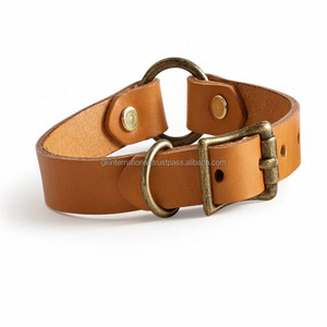 Collar de perro de cuero curtido hecho en La India para perros pequeños o medianos anillo doble de latón antiguo macizo y hebilla de pasador de rodillo - Product Image 6