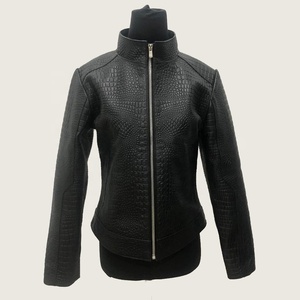 Blouson en cuir de Crocodile pour femme, blouson bombardier en cuir de vache véritable noir - Product Image 1
