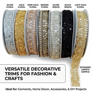 ผ้าลูกไม้ปักลายโลหะหรูหราสีทองเงิน ประดับด้วยกลิตเตอร์ลายดอกไม้ เป็นมิตรกับสิ่งแวดล้อม เหมาะสำหรับชุดแต่งงาน ชุดส่าหรี และเสื้อผ้า - Product Image 6