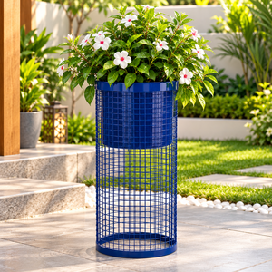 <b>Tall</b> Navy Blue Metal Wire Mesh Planter with Decorative Cylindrical Stand for Indoor Outdoor <b>Plants</b> Garden Patio Balcony Terrace - Product Image 2