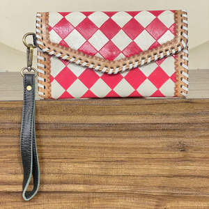 กระเป๋าคลัทช์แฟชั่นหนังแท้สไตล์โบฮีเมียนวินเทจสำหรับผู้หญิงสีชมพูและสีขาว - Product Image 4