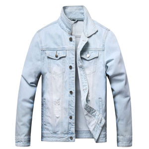 <b>Men</b> Fashion Casual Light Blue Denim <b>Jacket</b> Wholesale Custom Logo Distressed Cotton Outerwear Vintage Jean Coat - Product Image 1
