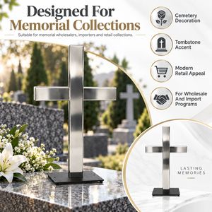 Croix funéraire moderne en acier inoxydable sur pied, design personnalisé, avec base métallique pour cimetière, <span class=keywords><strong>pierre</strong></span> <span class=keywords><strong>tombale</strong></span>, commémoration, vente en gros - Product Image 2