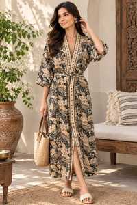 Robe longue à col en V imprimé Paisley, manches trois quarts, fermeture à cordon, respirante, en satin de soie et coton, écologique - Product Image 5