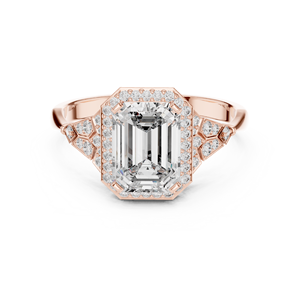 Anillo de Compromiso con Halo de Moissanita Corte Esmeralda, Oro Rosa, Plata de Ley 925, Estilo Vintage, Pavé, Anillo de Boda para Mujer - Product Image 1
