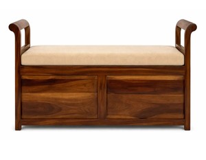 Solid Wood Carved <b>Storage</b> Settee | 3D Basket Weave Entryway Bench with <b>Cushion</b> | Wholesale Living Room Furniture - Product Image 4