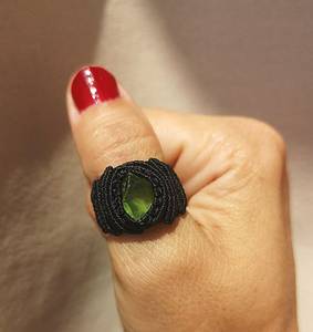 Handmade Boho Macrame <b>Ring</b> with Natural Green Gemstone <b>Crystal</b> - Black Adjustable Statement Cord <b>Ring</b> Wholesale Jewelry - Product Image 3