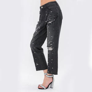 Jeans ajustados negros para mujer con adornos laterales elegantes y dobladillo sin rematar, de cintura alta, elásticos, de mezclilla perlada. - Product Image 3