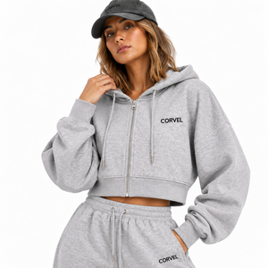 En forte demande : Ensemble de survêtement athleisure gris chiné pour femme, comprenant un sweat à capuche court zippé, un brassière de sport et un pantalon de survêtement à jambe large en molleton épais, avec logo personnalisé. - Product Image 2