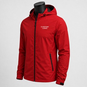 Men's <b>Red</b> Hooded Windproof Jacket Zipper Closure Casual Style Solid Color Front Logo Nylon Material Autumn <b>Windbreaker</b> Jackets - Product Image 3