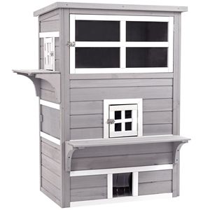 Casetta per Gatti a 3 Piani in Legno di Abete con Struttura Solida, Tetto in Asfalto, Porta di Fuga, Piattaforma per Saltare, Finitura Grigia - Product Image 1