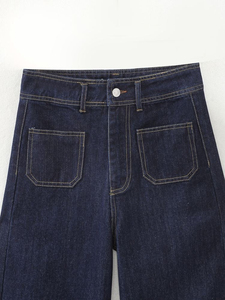 Jean en denim décontracté bleu foncé à fermeture éclair, coupe ample mi-haute et jambe large, en tissu de bonne qualité, délavage neige, pour femme - Product Image 5