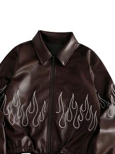 Veste en cuir pour homme, broderie flamme, fermeture éclair, style bomber, streetwear, vêtement d'extérieur tendance - Product Image 3
