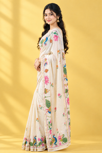 Sari de Algodón Crema con Estampado Floral de Pavo Real Hecho a Mano, Traje Tradicional Indio para Mujer, Largo hasta el Suelo, Corte Regular, Estilo Bollywood - Product Image 2