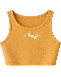 Conjunto de Top Corto Acanalado y Pantalones Cortos con Cordón para Mujer, Amarillo Mostaza con Bordado de Mariposa y Margarita, Estilo Casual de Dos Piezas - Product Image 2