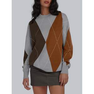 2024 Trendy Queen Oversized Chunky Knit Crewneck Women's <b>Sweater</b> Color Block <b>Argyle</b> Plaid Design Breathable Warm with Front Logo - Product Image 1