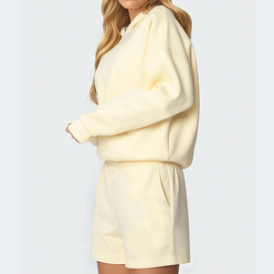 Women's <b>2</b> <b>Piece</b> Hoodie Shorts Set Solid Color Loose Fit Casual Wear Fleece Material Spring Summer <b>Outfit</b> Yellow - Product Image 3