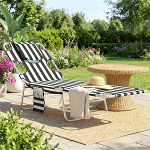 Sedia a Sdraio Regolabile con Braccioli, Nera a Righe, per Esterni - Product Image 1