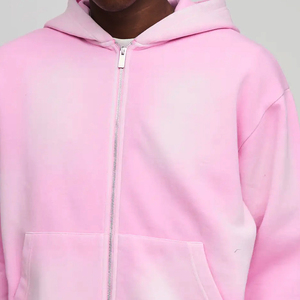 Unisex Pink Cotton Tracksuit Full <b>Zip</b> <b>Hooded</b> Loose Fit Solid Color Casual Wear Adult Spring Style - Product Image 5